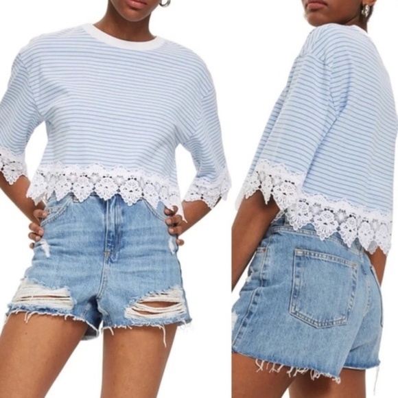 TOPSHOP Stripe Lace Hem Crop Shirt - Picture 1 of 2